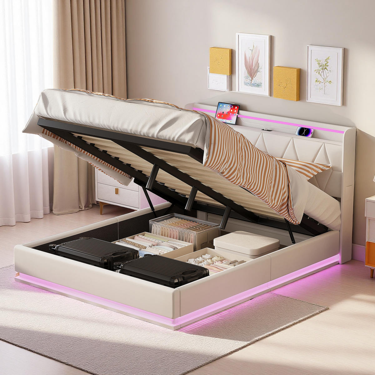 POLSTERBETT 160x200 cm LED USB Stauraum Lattenrost Samt weiß - Weiß, Holz (160/200cm) - LEBENLANG