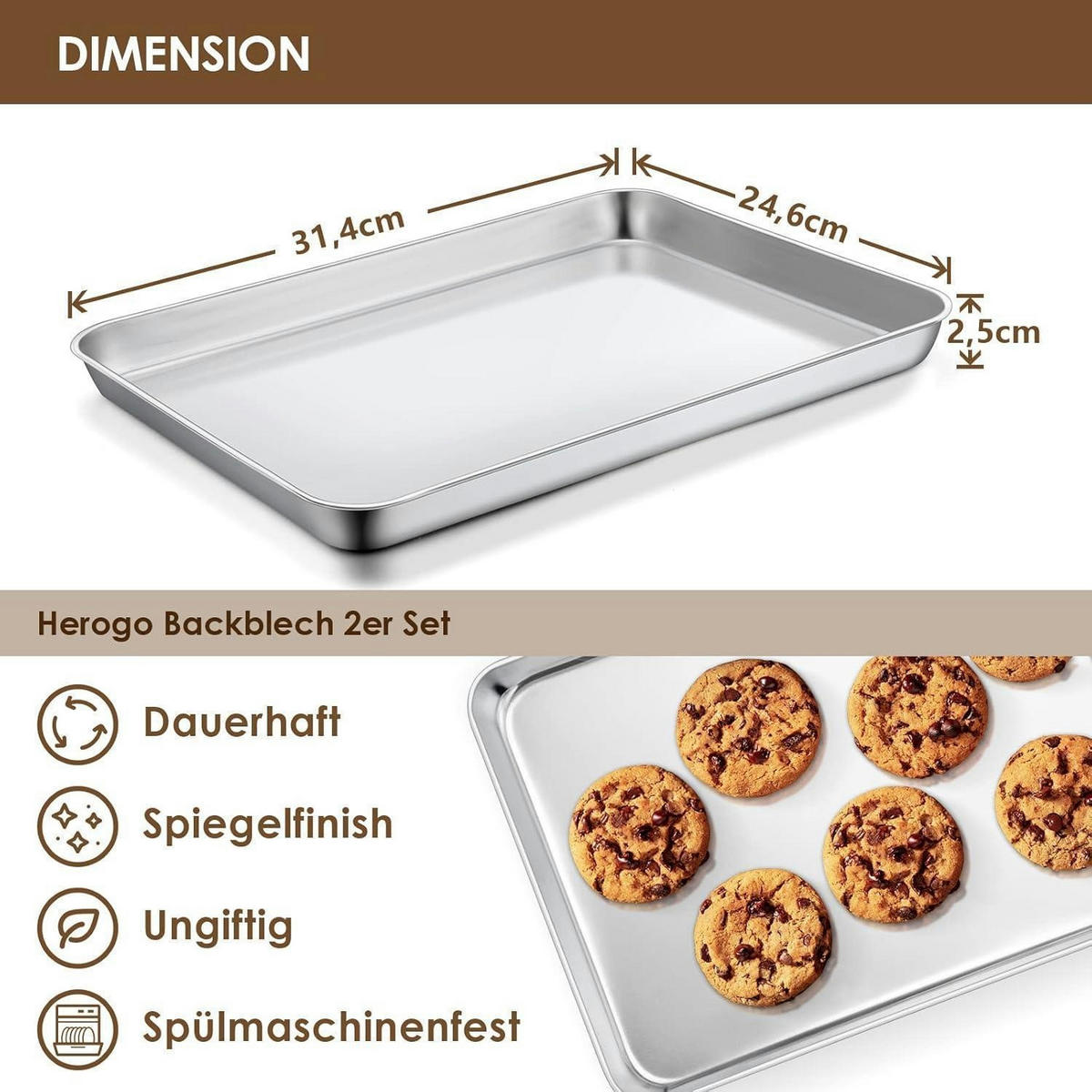 BACKBLECH 2er Set Edelstahl 31,4x24,6x2,5 cm - Silberfarben, Metall (24.6/2.5/31.4cm)