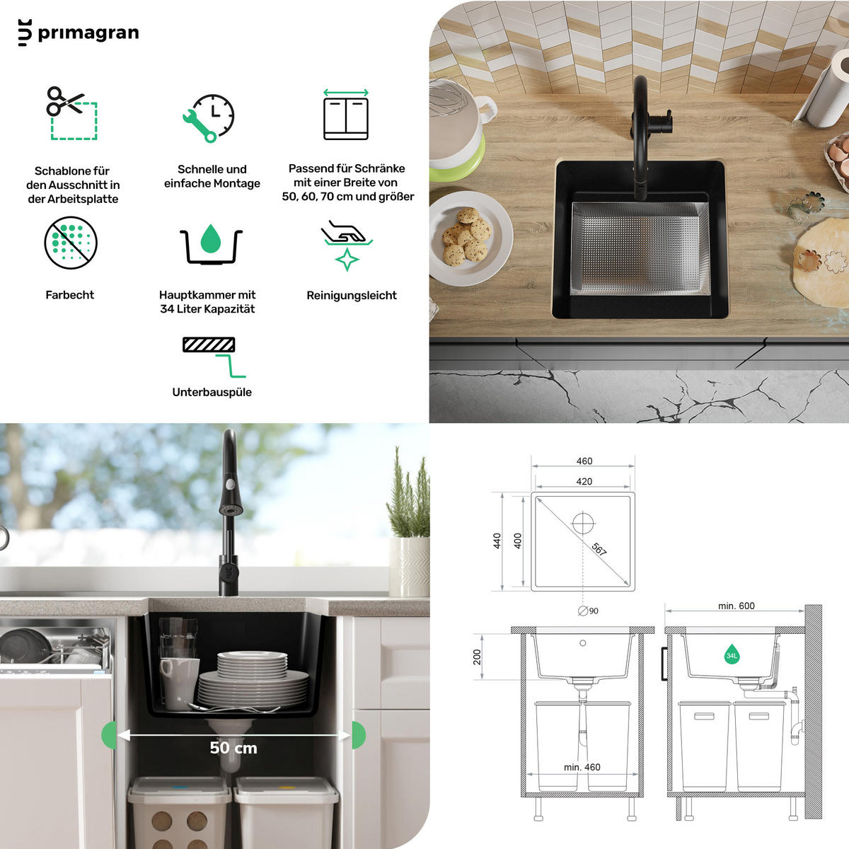 UNTERBAUSPÜLE GRANIT Venedig Easy, 2-er set Beige 46/44 cm 1 Becken + Küchenarmatur 38/14 cm + Ablauf-Set ab 50er Unterschrank - Beige, Kunststoff (46/20/44cm) - Primagran