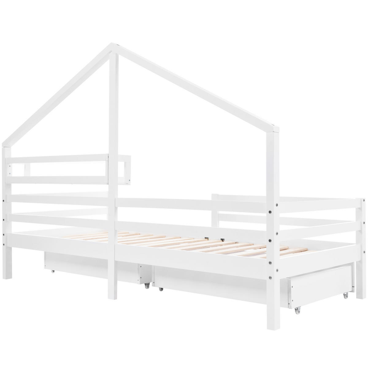 HAUSBETT 90/200 cm Weiß mit Schubladen aus Kiefernholz - Weiß, Holzwerkstoff (90/200cm) - OKWISH