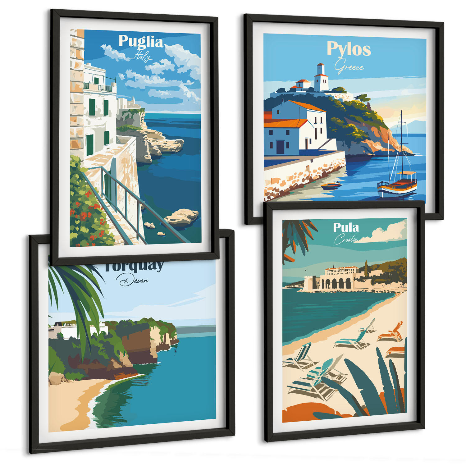 BILDER SET 4er Set - 50x50 cm & 40x60 cm Schwarzer Rahmen - Touristische Küstenlandschaften - Schwarz, Kunststoff (50/50cm) - TULUP