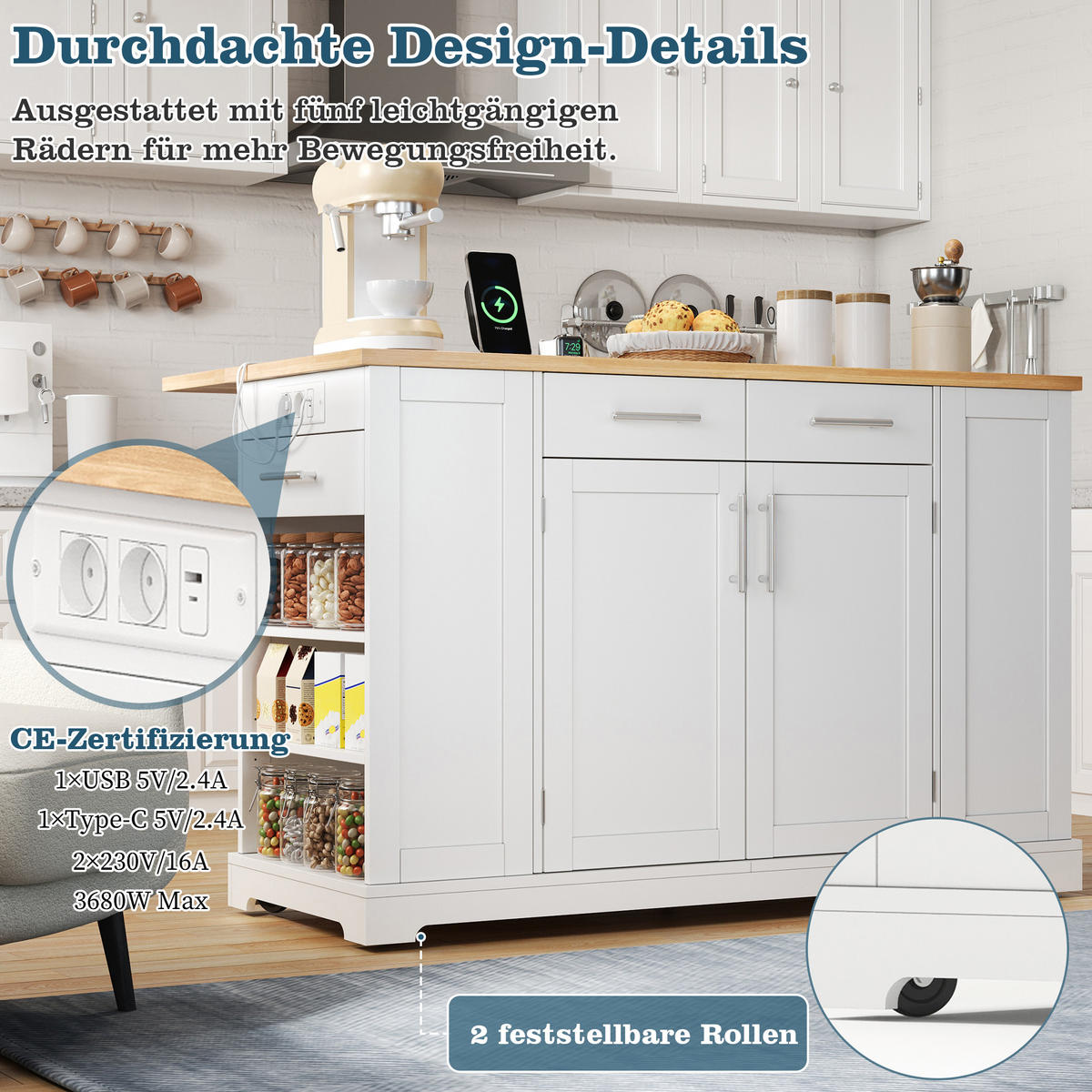 KÜCHENINSEL 138/56/92 cm Weiß mit 3 Schubladen, klappbare Arbeitsplatte und ausziehbarer Mülleimer - Weiß, Holz/Holzwerkstoff (86/92/138cm) - Oxeza