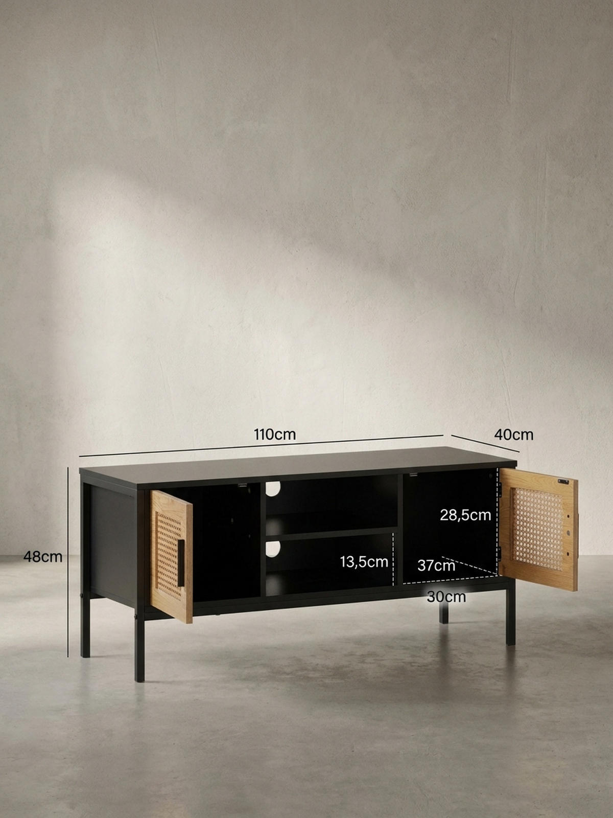 LOWBOARD Schwarz Eiche-Dekor Zeitloser Stil 110x48x40 cm mit Wiener Geflecht und Türen - Schwarz, Holzwerkstoff/Metall (110/48/40cm) - KADIMA DESIGN