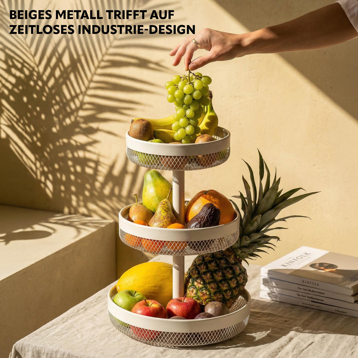 OBSTETAGERE rund, 3-stöckig, Ø 20 cm, 25 cm und 30 cm, beige, Metall - Beige, Metall (30/42cm) - eluno