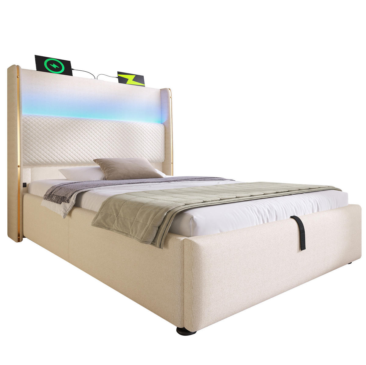 POLSTERBETT mit LED-Beleuchtung 90/200 cm mit Bettkasten und gepolstertem Kopfteil - Beige, Textil (90/200cm) - BEAOK