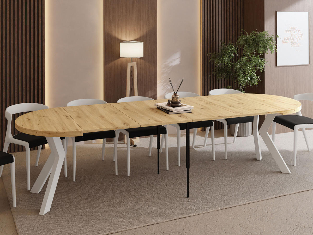 ESSTISCH Savio Weiß rund ausziehbar verlängerbar XXL, Eiche Artisan Hellbraun 100-300/100/77 cm - Weiß/Eiche Artisan, Holz/Holzwerkstoff (100/100/77cm) - WFL GROUP