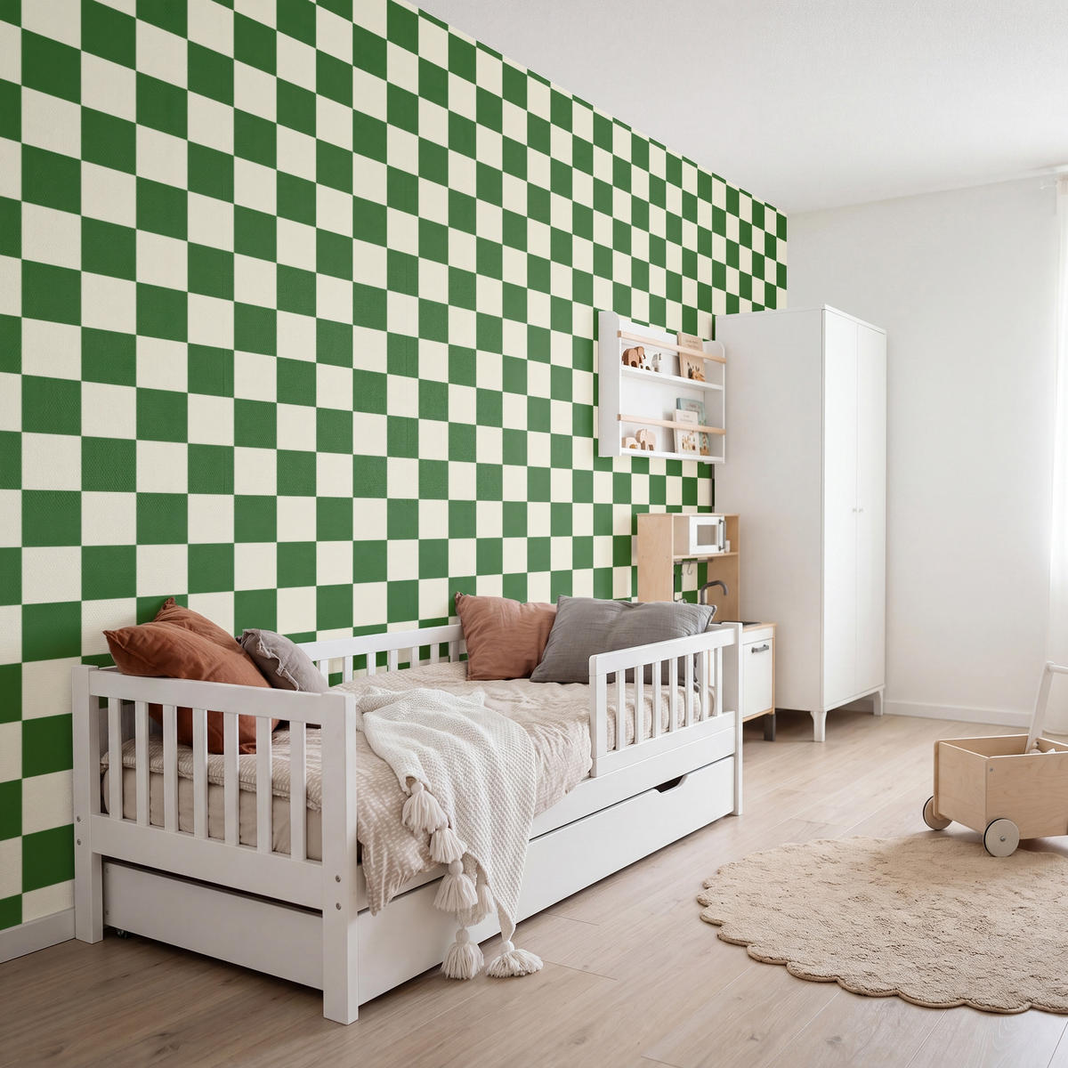 KINDERTAPETE - Schachbrett - Muster - Grün - 450x300 cm - Grün, Papier (450/300cm) - OnlyWow