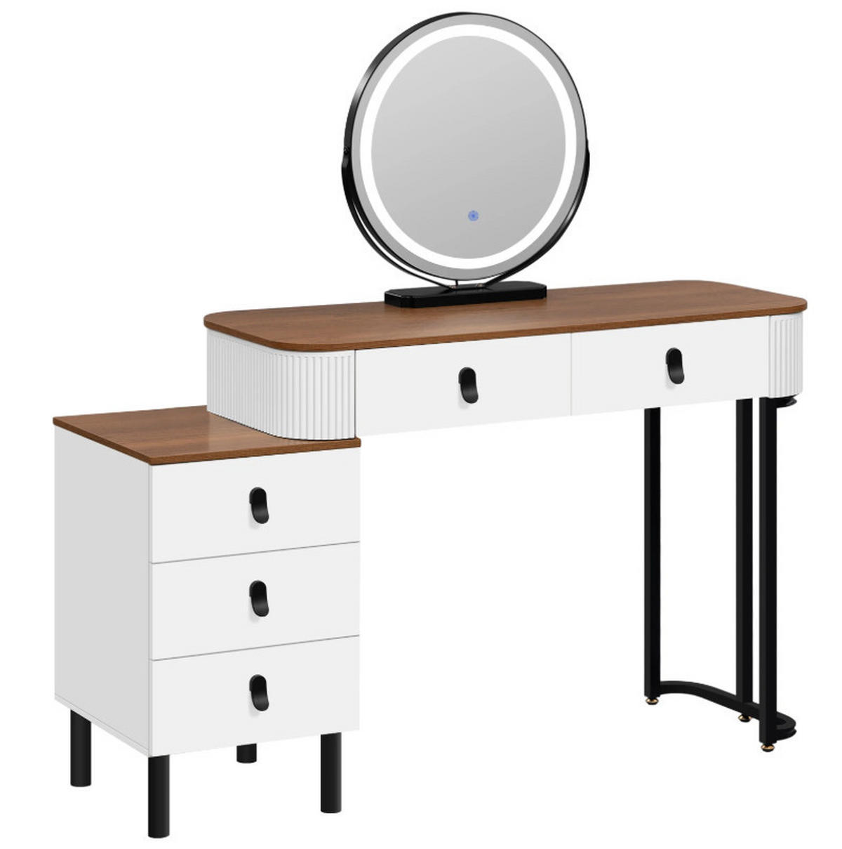 SCHMINKTISCH mit verstellbarem runden LED-Spiegel und 5 Schubladen - Braun, Glas (100/125/40cm) - Vallsero