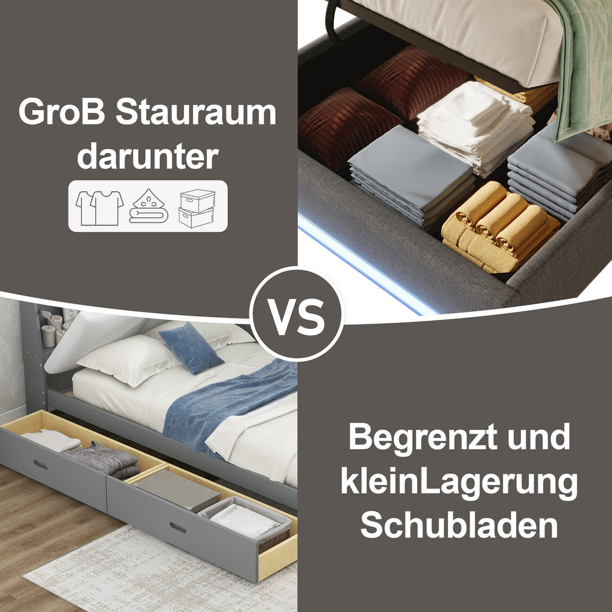 POLSTERBETT 90x200cm Grau LED-Leiste USB-C Hydraulik - Grau, Holz (90/200cm) - FLIEKS