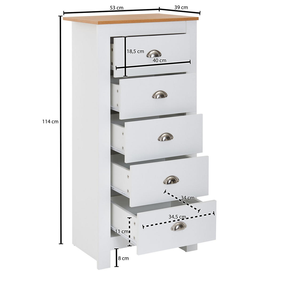 KOMMODE – Eiche/Weiß, 5 Schubladen, melaminbeschichtet - Weiß, Holz/Metall (53/114/39cm) - KADIMA DESIGN