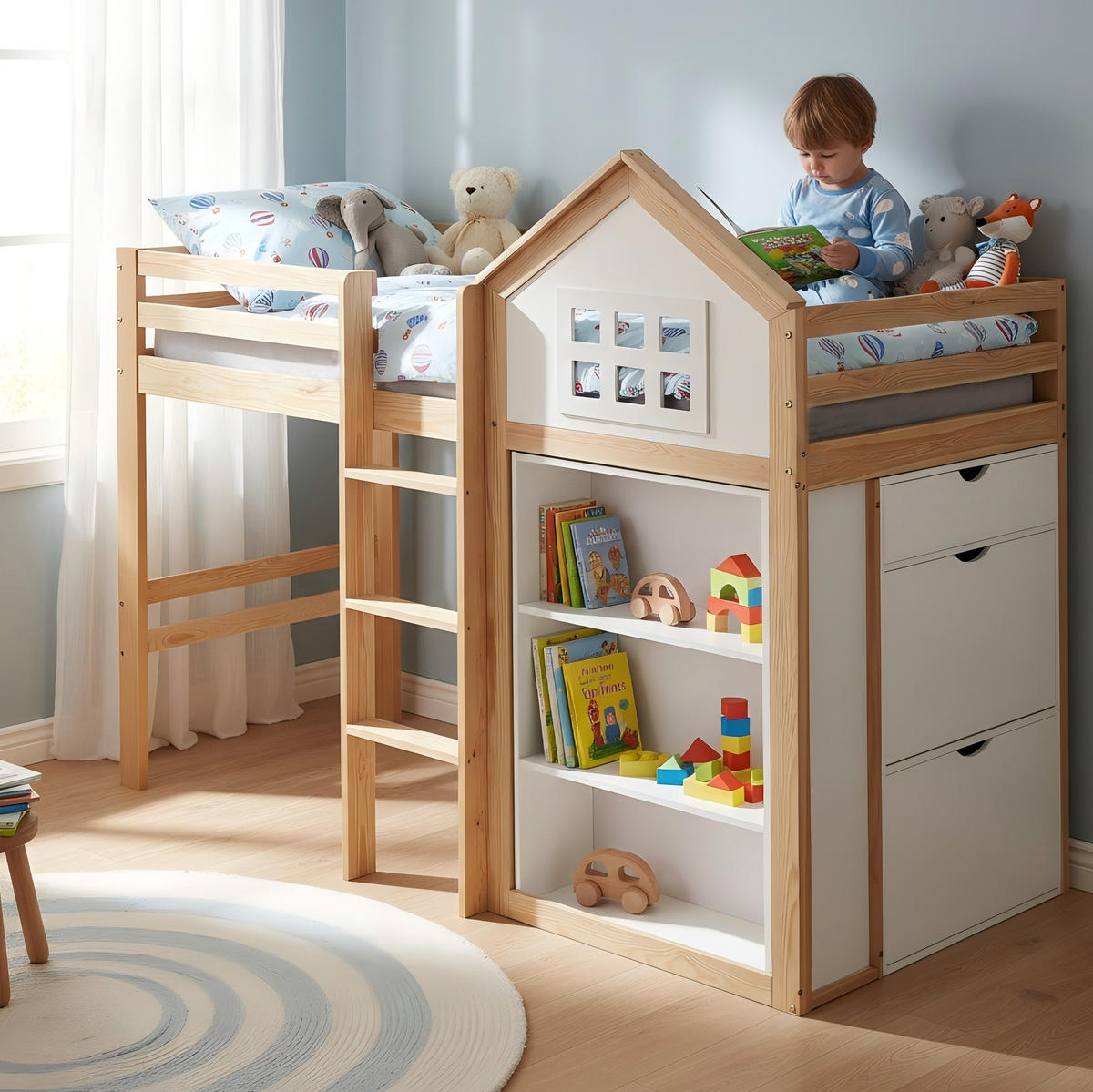 HOCHBETT Hausdesign 90/200 cm Weiß Natur mit Staufächern, Schubladen ohne Matratze - Weiß, Holz (90/200cm) - MIVRAY