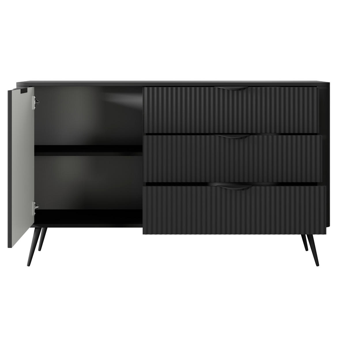 SIDEBOARD LEKNES KOM3 Reliefierte Fronten aus MDF-Platte Schwarz Schwarz - Schwarz, Glas/Holzwerkstoff (138/81/38cm) - Komodee