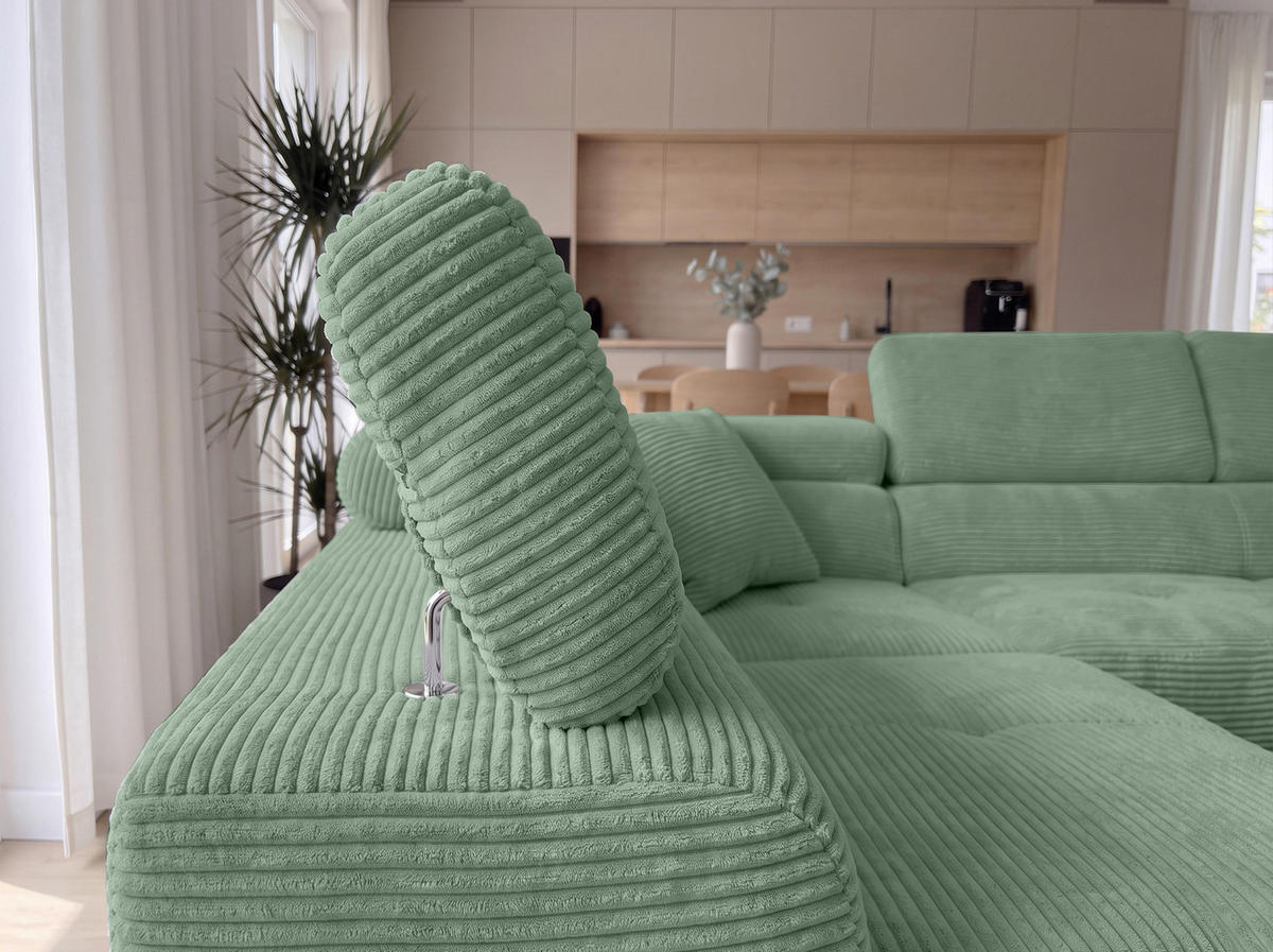 ECKSOFA L Form Konak Salbeigrün 276/201/90 cm Links mit Schlaffunktion - Salbeigrün/Silberfarben, Textil/Metall (203/276cm) - AX Living