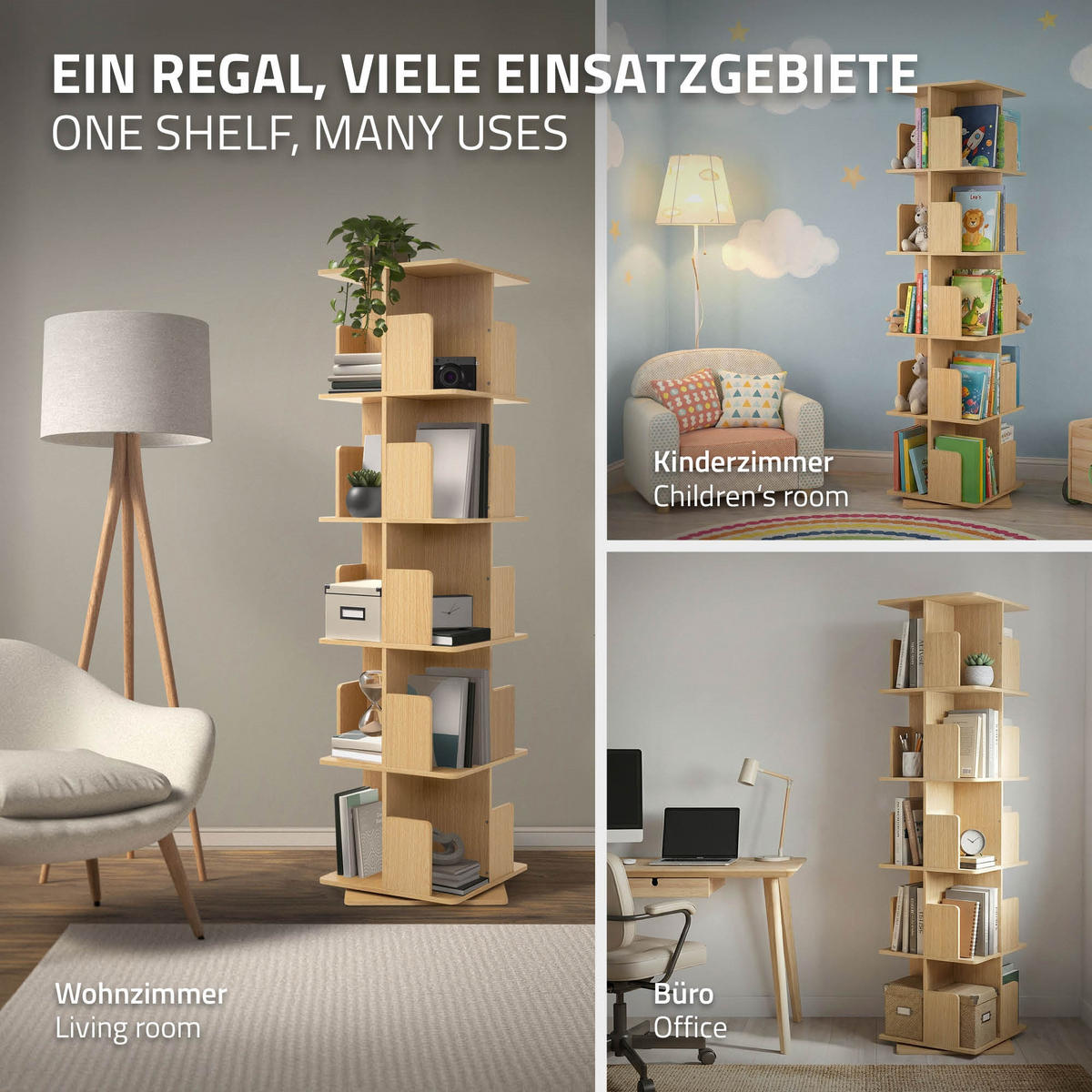 BÜCHERREGAL Kinder mit 5 Ebenen Eiche 40x155x40 cm Drehbar 360 Grad - Beige, Holzwerkstoff (40/155/40cm) - ML-DESIGN