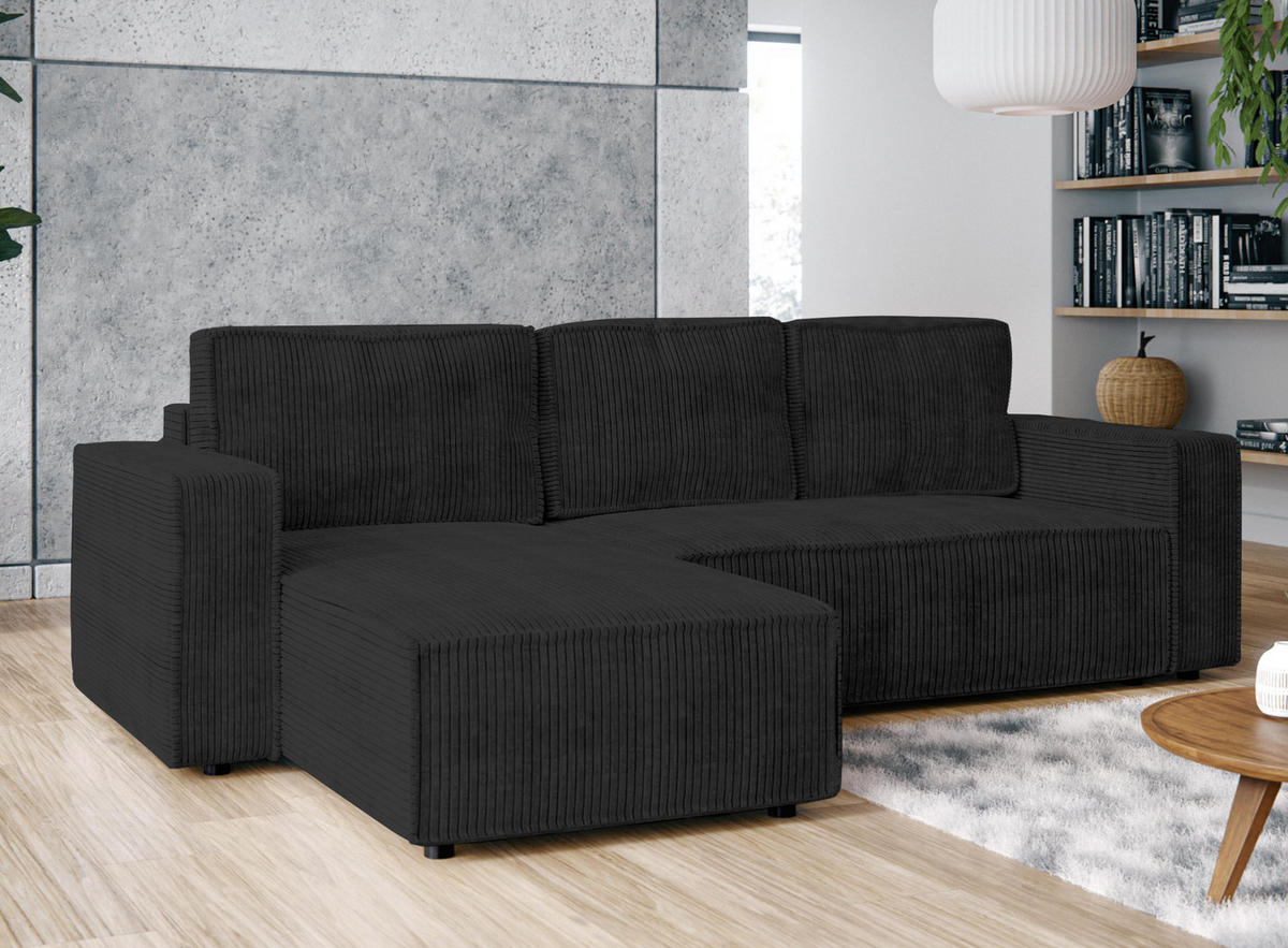 ECKSOFA L Form Aydin Dunkelgrau 258/169/85 cm Cord Universal mit Schlaffunktion - Dunkelgrau/Schwarz, Kunststoff/Textil (258/169cm) - AX Living