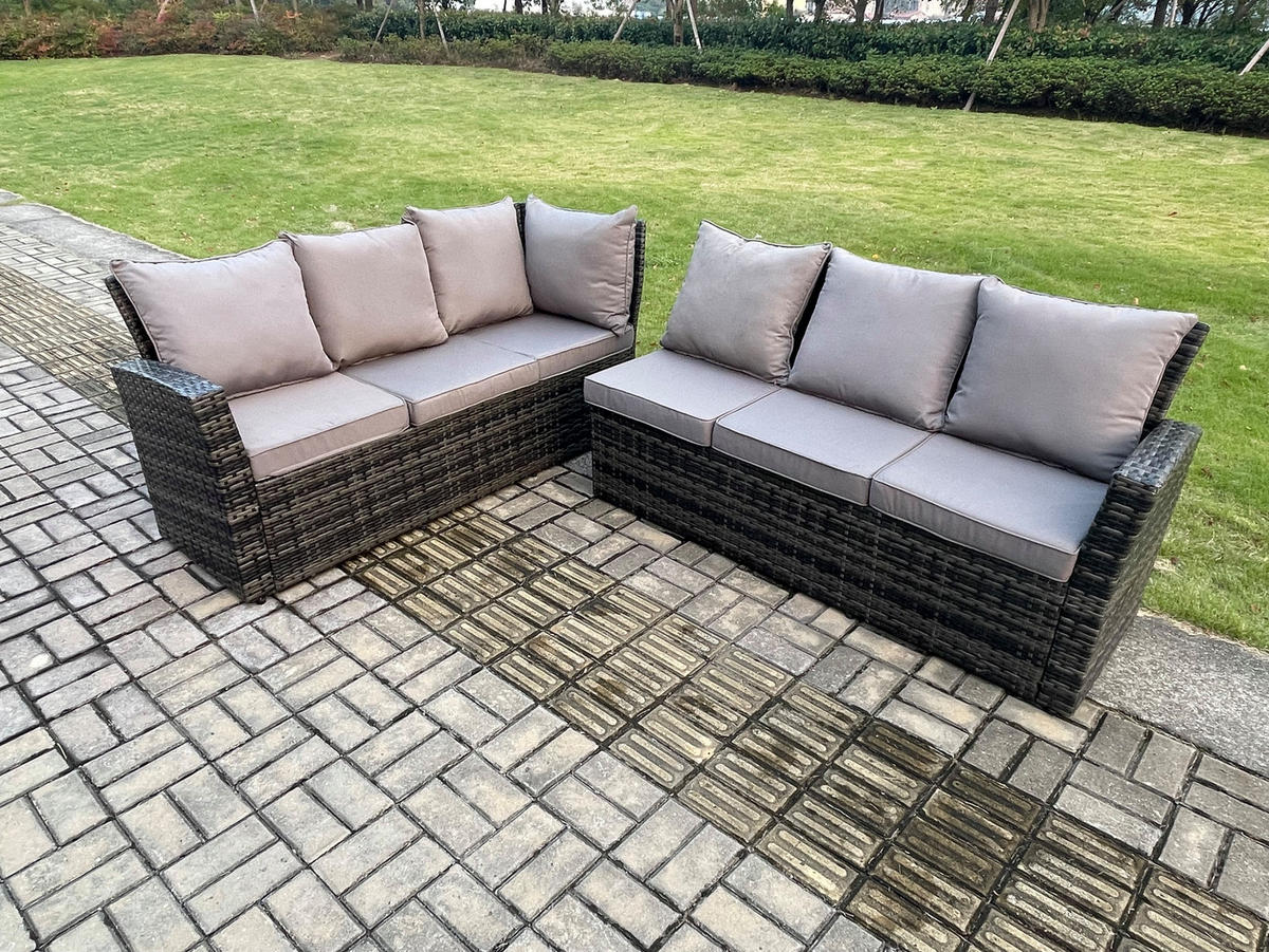 GARTENLOUNGE mit Ecksofa Polyrattan Dunkelgrau 9-Sitzer - Dunkelgrau/Grau, Glas/Kunststoff - Fimous