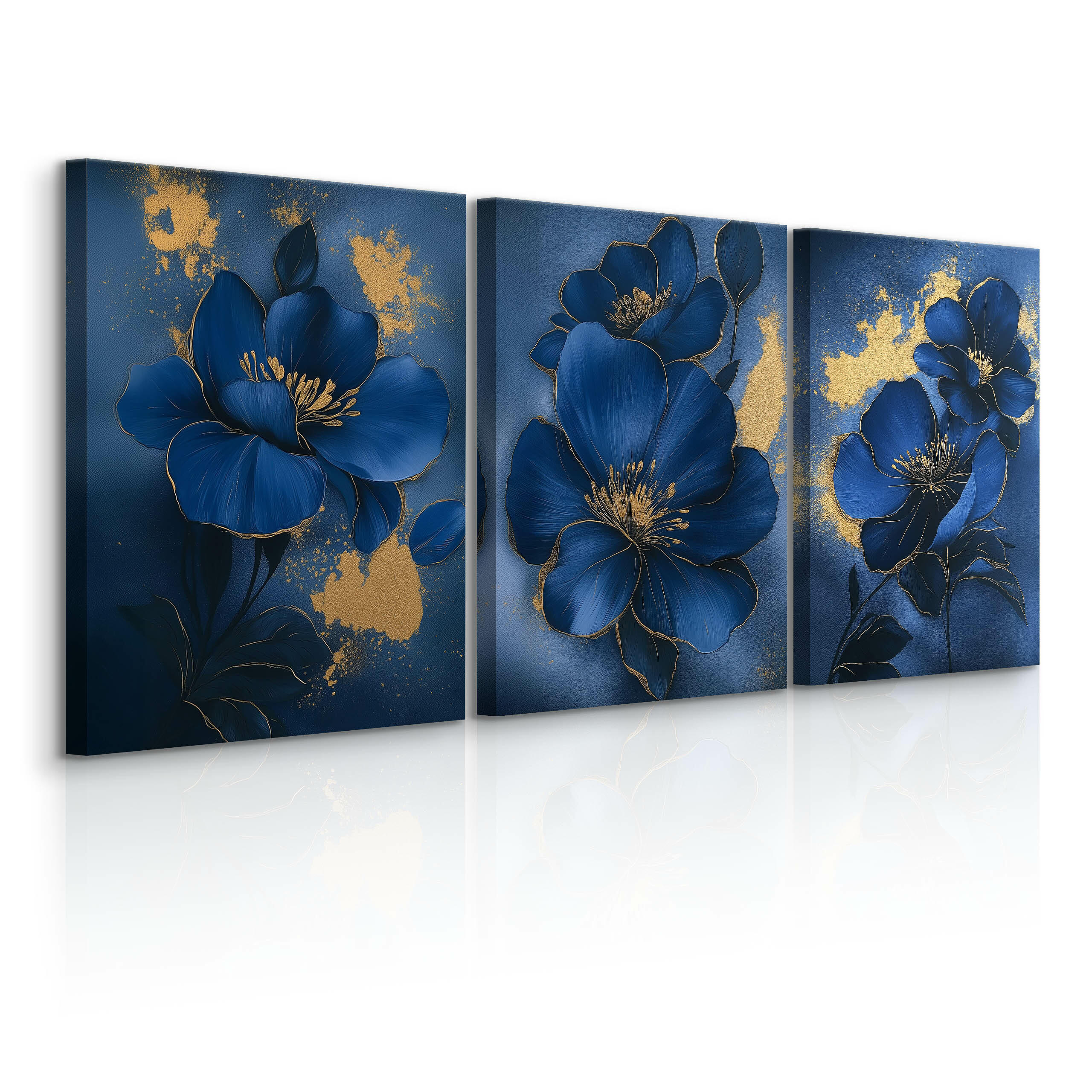LEINWANDBILDER 3-es Set Glamour Blumen - Blau/Beige, Textil (90/40cm) - Muralo