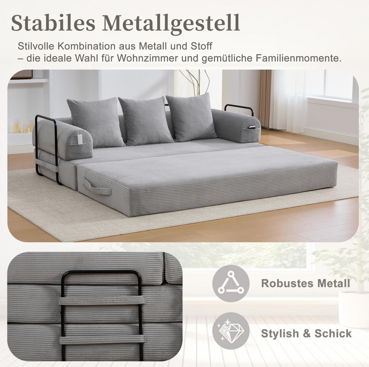 SOFA 200/94/67 cm aus Cord mit Metallgestell und 3 Kissen Hellgrau - Hellgrau, Textil (94/67/200cm) - Modenvie