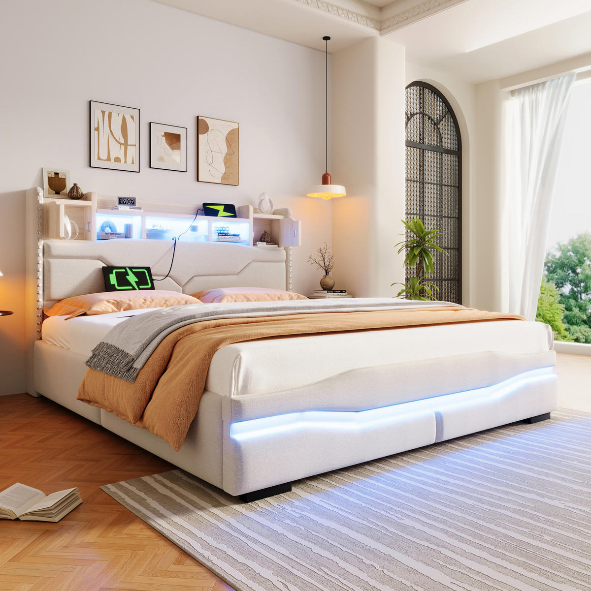 POLSTERBETT aus Leinen 160x200 cm in Beige mit LED-Beleuchtung & USB-C - Beige, Textil (160/200cm) - Modfu