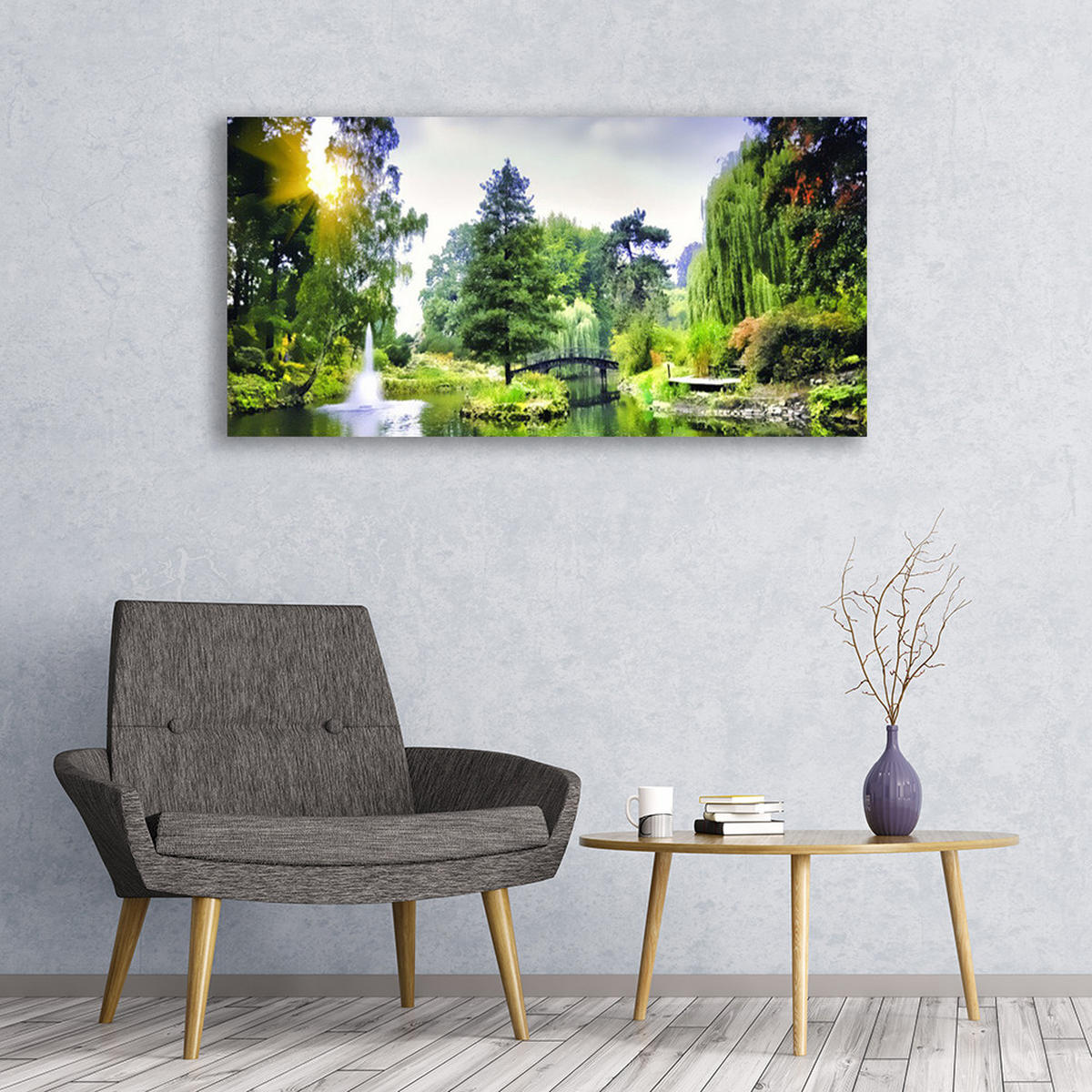LEINWANDBILD 120x60 cm Waldlandschaft mit Fluss - Hellgrün/Grün, Textil (120/4cm) - TULUP