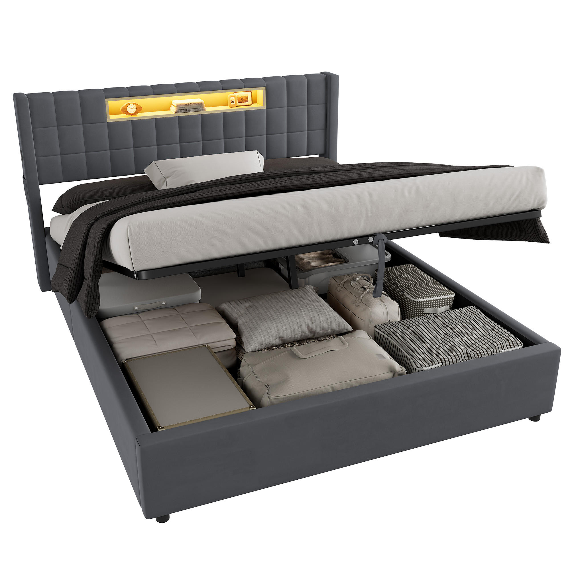 ČALOUNĚNÁ POSTEL 160 × 200 cm s hydraulickým úložným prostorem a LED osvětlením, šedá, bez matrace - šedá, kov/kompozitní dřevo (160/200cm) - STILVORA