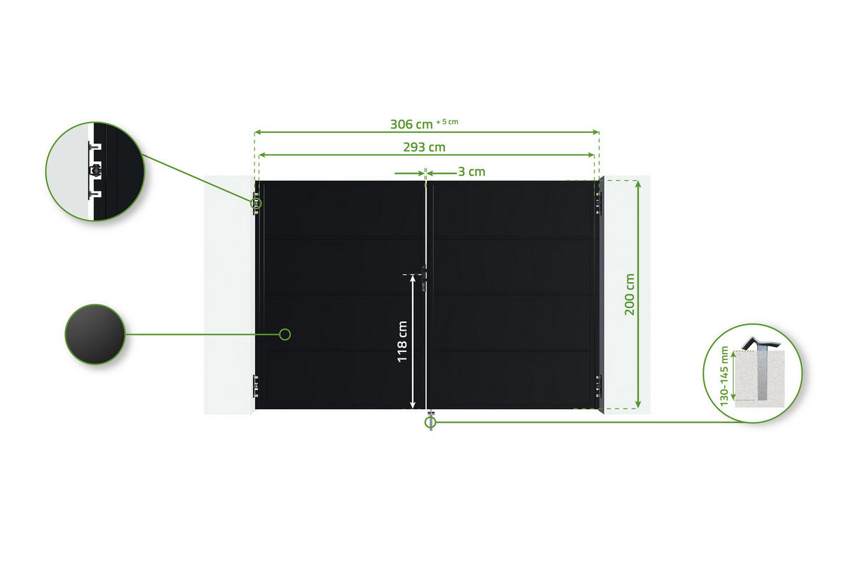 STAHLFLÜGELTOR Nali Mattschwarz 3m H.200cm - Schwarz, Metall (293/200cm) - Casanoov