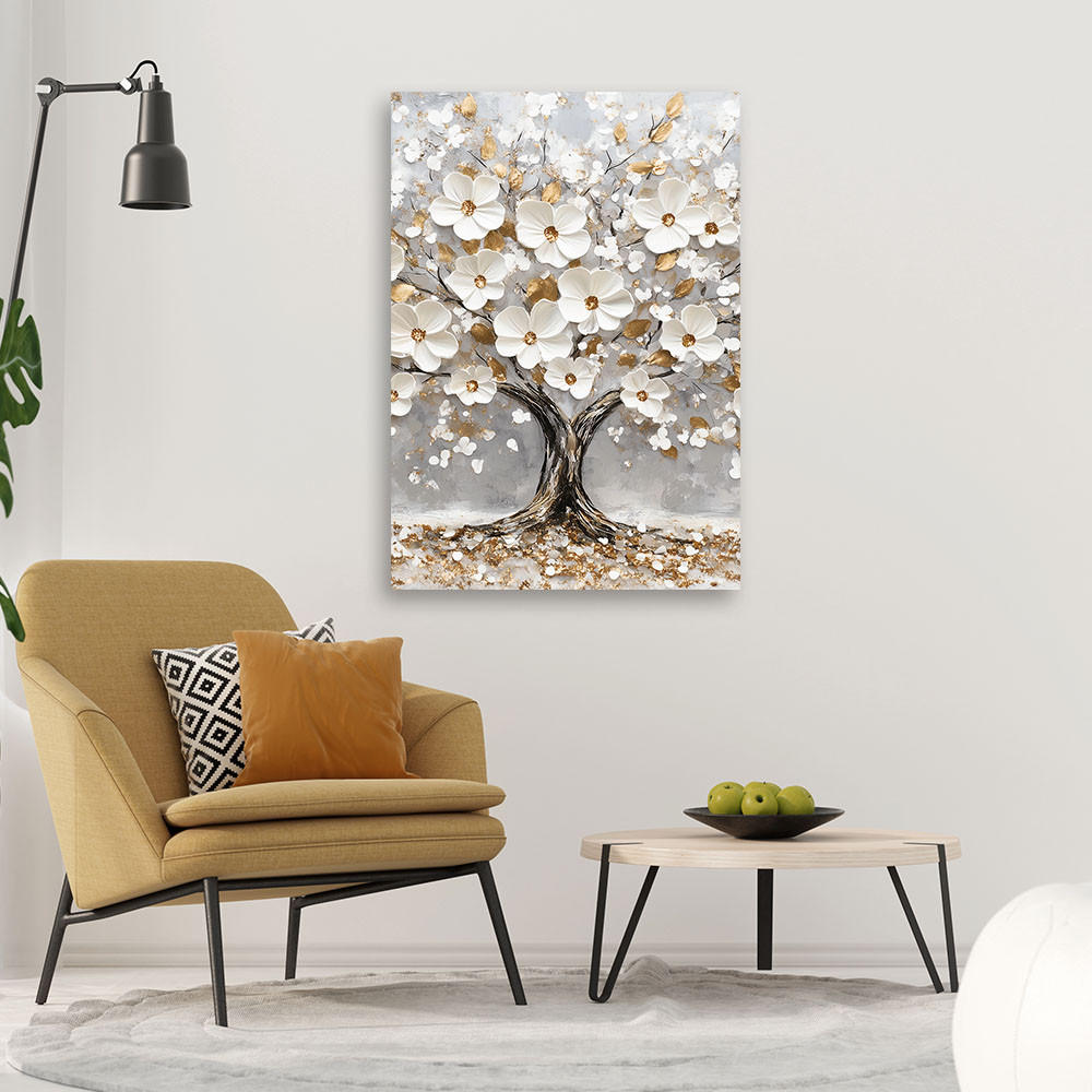 LEINWANDBILD Baum weiße Blumen goldene Blätter 70x100cm - Weiß, Textil (70/100cm) - Feeby