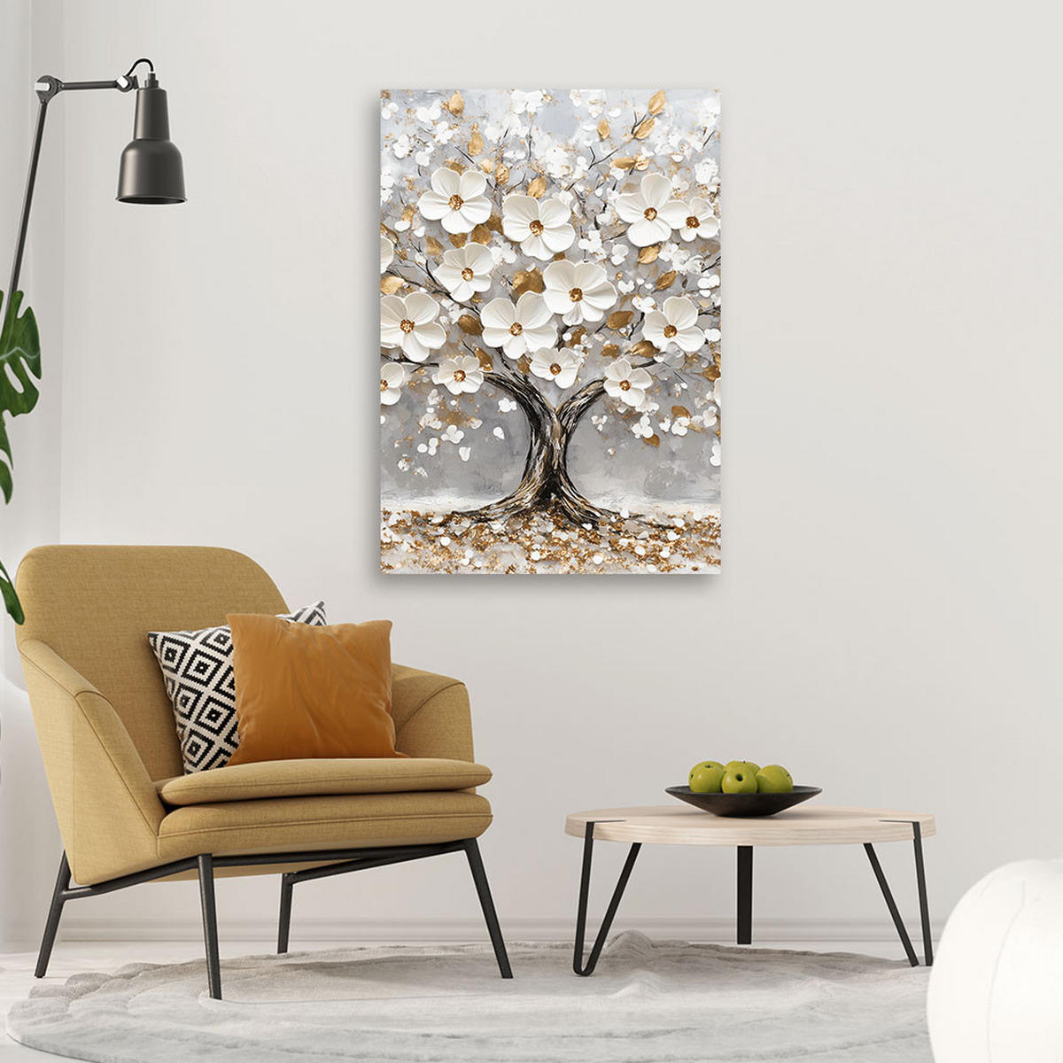 LEINWANDBILD Baum weiße Blumen goldene Blätter 40x60cm - Weiß, Textil (40/60cm) - Feeby