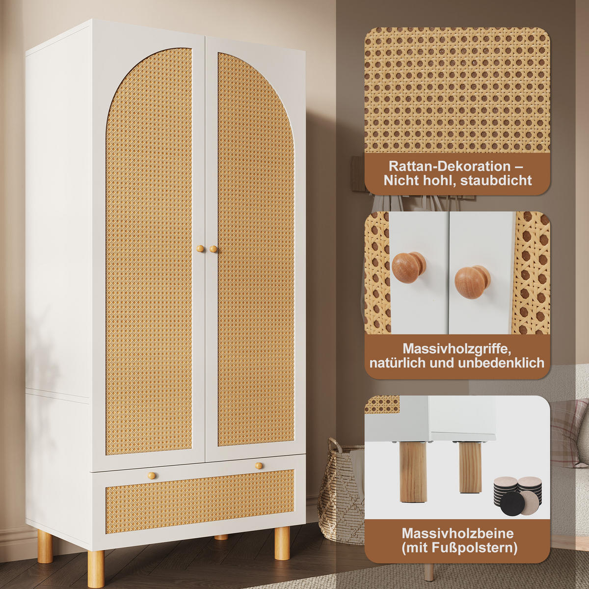 KLEIDERSCHRANK Weiß mit Rattan & Schublade Landhausstil 180×85×52 cm - Weiß, Holzwerkstoff (85/181/52cm) - Urban Meuble