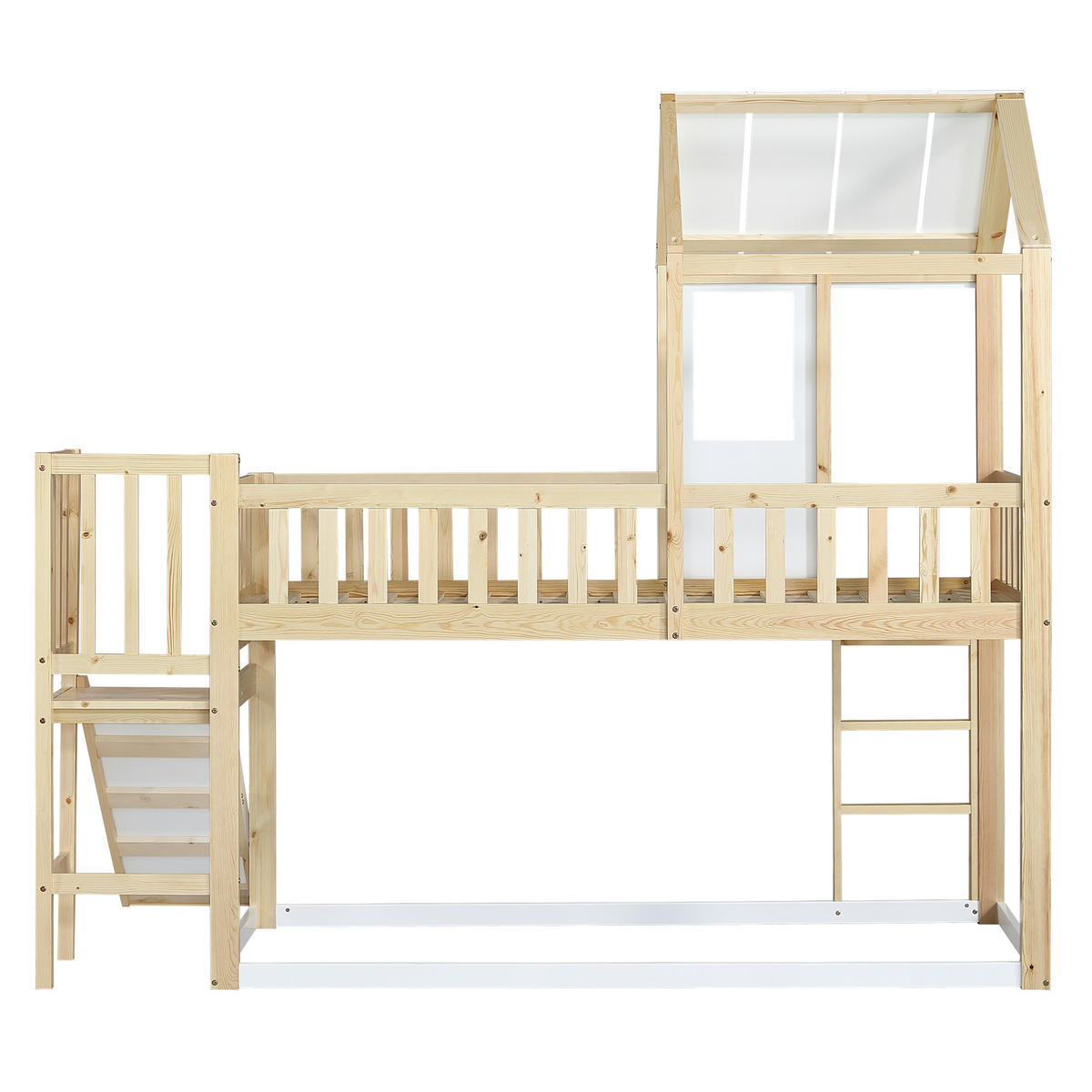 ETAGENBETT 90/200 cm in Natur & Weiß Hausbett mit Rutsche, Dach, Fenster und Leiter - Weiß/Naturfarben, Holzwerkstoff (90/200cm) - STILVORA