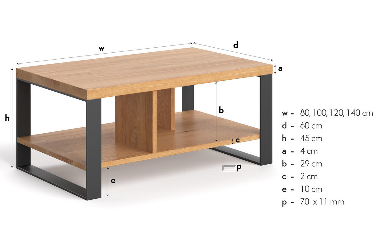 COUCHTISCH Volant aus massivem Eichenholz 80 cm - Eichefarben/Schwarz, Holz/Metall (80/60/45cm) - Danzz