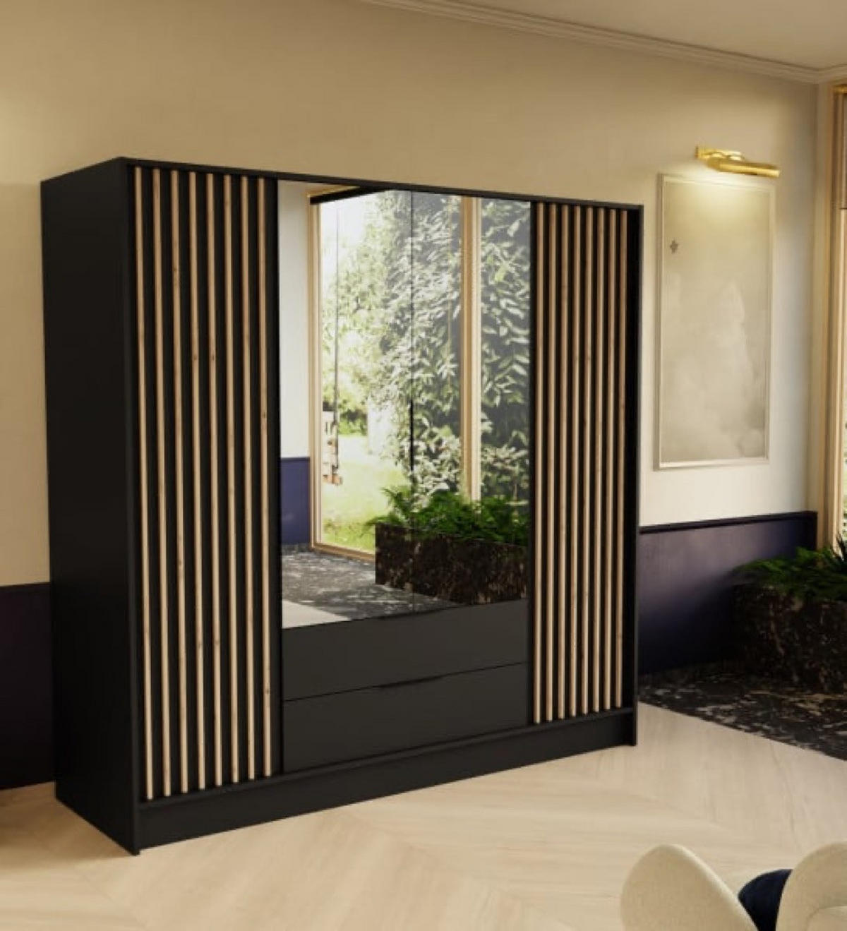 SCHRANK Schwarz ORE 200 Mit Lamellen Und Spiegel Craft Gold - Eichefarben/Goldfarben, Holzwerkstoff (200/200/51cm) - Sepro Meble