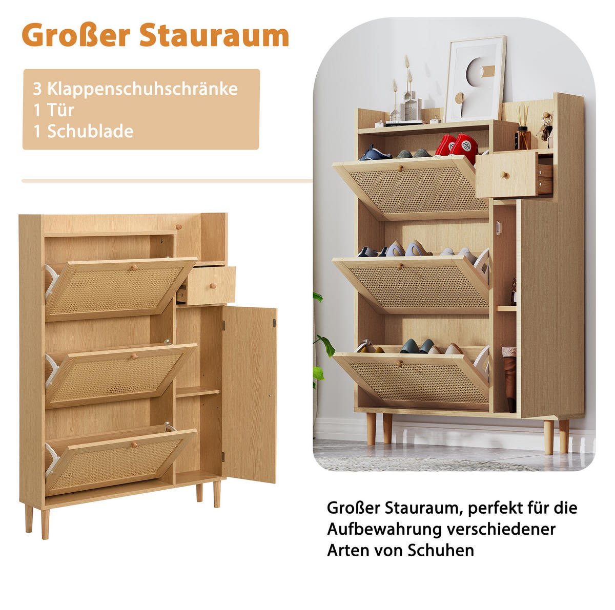 SCHUHSCHRANK 90/17/125 cm mit 3 Klappen, 1 Schublade und Rattan-Optik - Naturfarben, Holzwerkstoff (90/125/17cm) - BEAOK