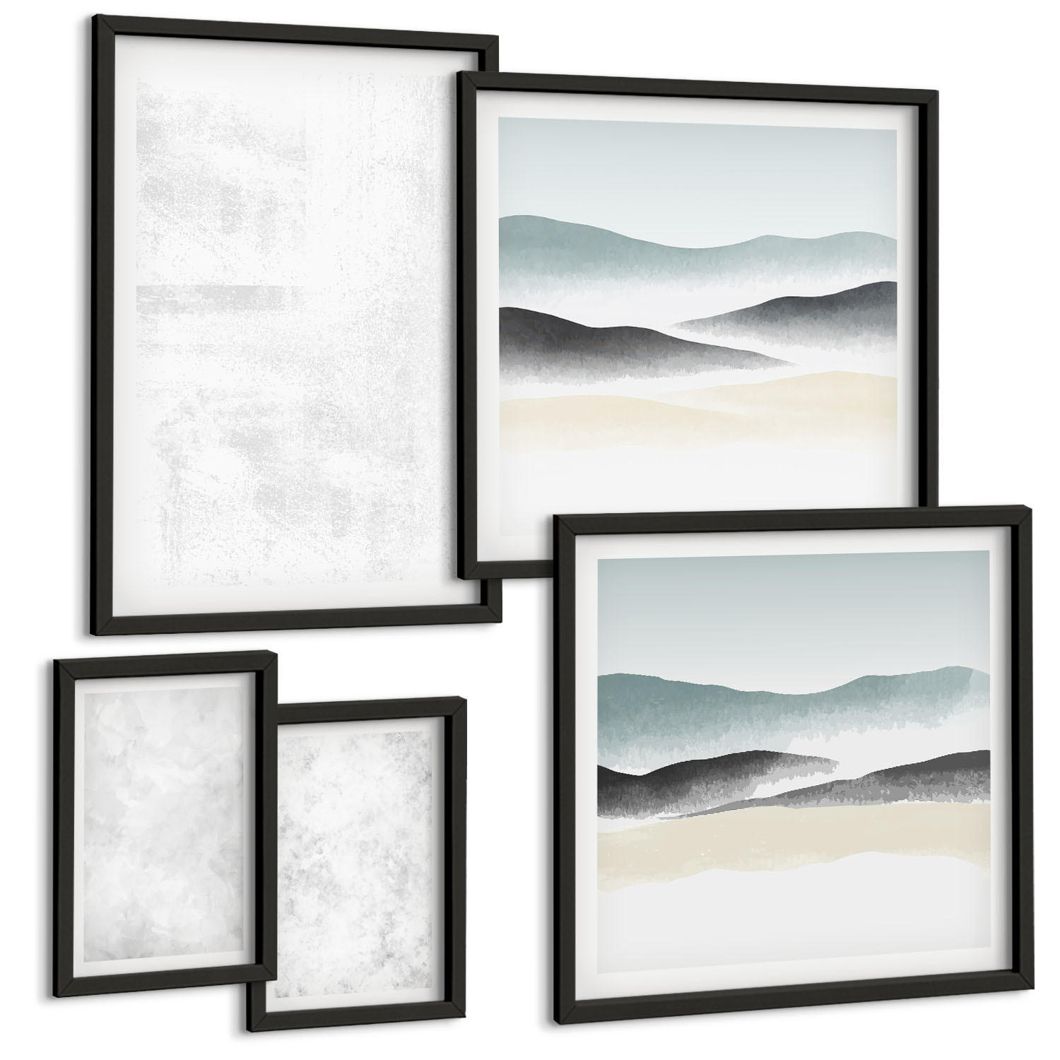 BILDER SET 5er Set - 50x50 cm & 20x30 cm & 40x60 cm Schwarzer Rahmen - Weiße Flecken auf Leinwandhintergrund - Schwarz, Kunststoff (40/60cm) - TULUP