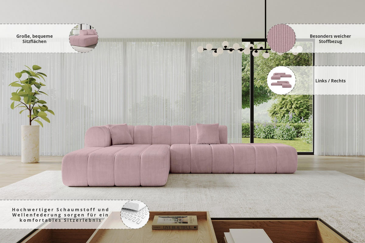 ROHOVÁ SEDAČKA s otomanem, levá BILA-L 289x176x71 Růžová Manšestr - růžová/černá, kompozitní dřevo/textil (176/289cm) - ALTDECOR