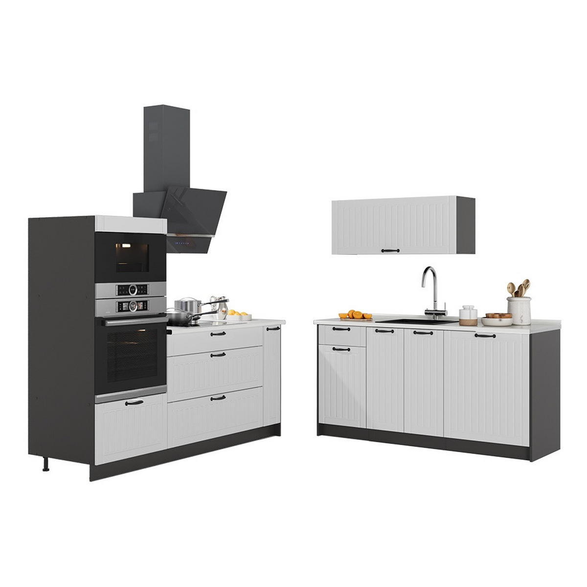 KÜCHENZEILE Fame-Line, Weiß Landhaus/Anthrazit, 340 cm ohne Arbeitsplatte - Anthrazit/Weiß, Holzwerkstoff (340/153.6/51.6cm) - Vicco