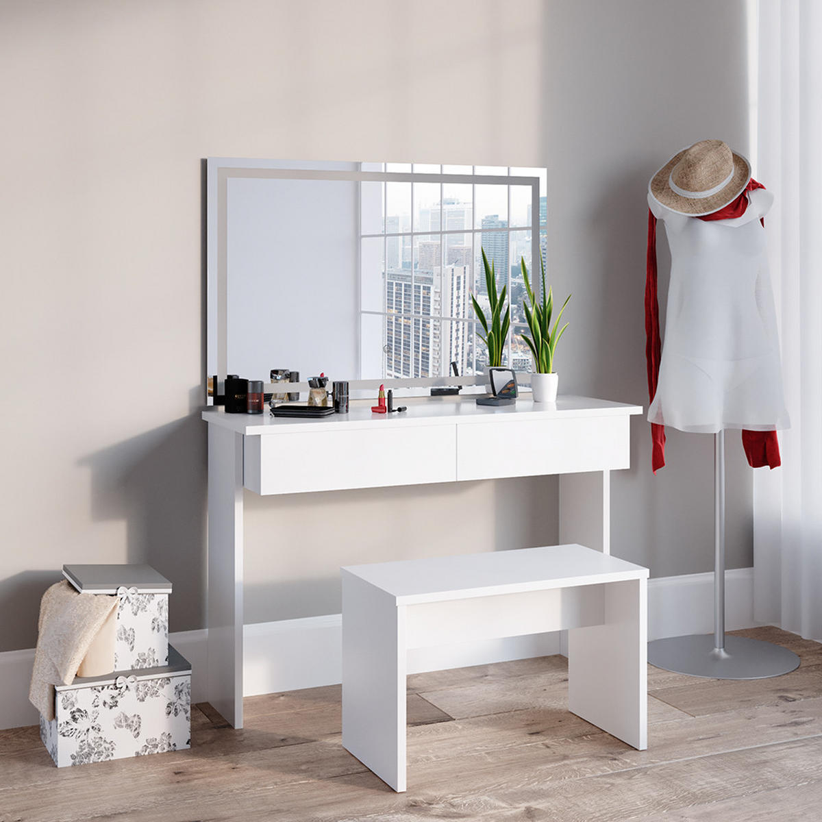 SCHMINKTISCH Azur Weiß 120 cm mit LED Spiegel und Bank - Weiß, Holzwerkstoff (120/83/40cm) - Vicco