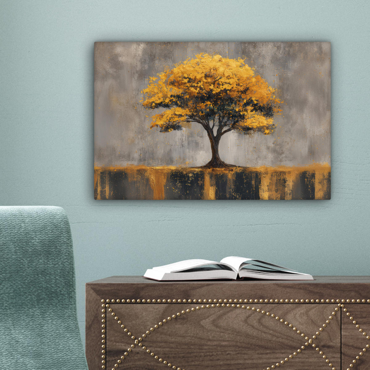 LEINWANDBILD Baum - Blätter - Gold - Abstrakt Deko Schlafzimmer 30x20 cm - Grau, Textil (30/20cm) - MuchoWow