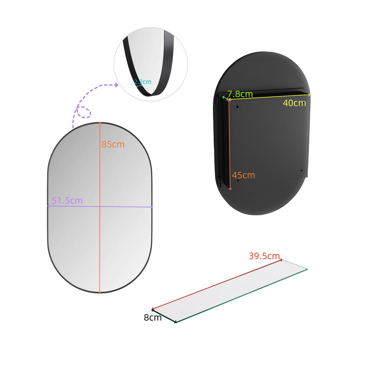 SPIEGELSCHRANK oval mit schwarzem Metallrahmen – Wandschrank mit Spiegel & verstellbaren Ablagen, für Bad, Wohn- & Schlafzimmer - Schwarz, Metall (51.5/12/85cm) - Ej. Life