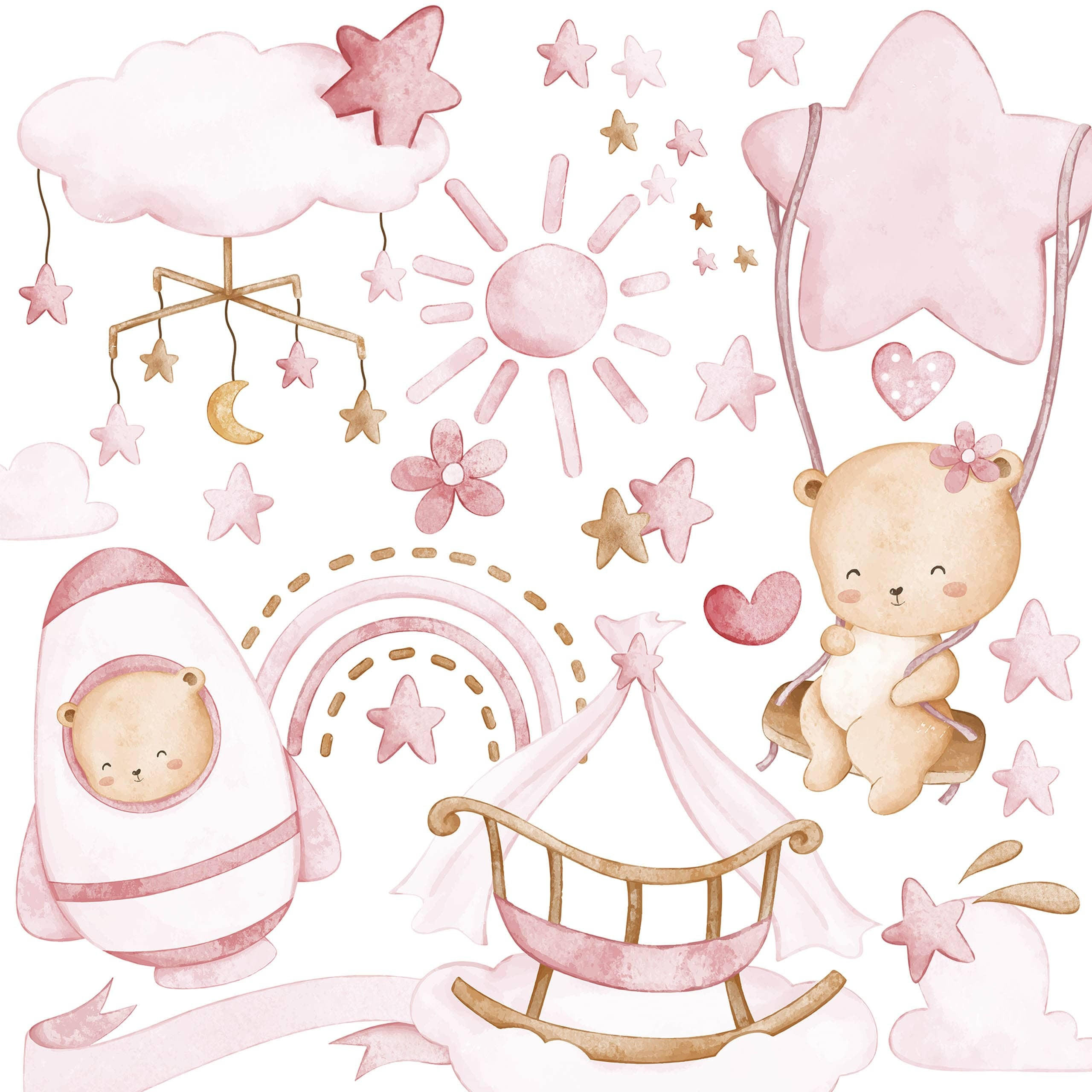 WANDTICKER Teddybären rosa Wolken Sterne 60x30 - Beige/Rosa, Papier (60/30/1cm) - Muralo