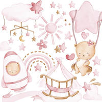 WANDTICKER Teddybären rosa Wolken Sterne 60x30 - Beige/Rosa, Papier (60/30/1cm) - Muralo