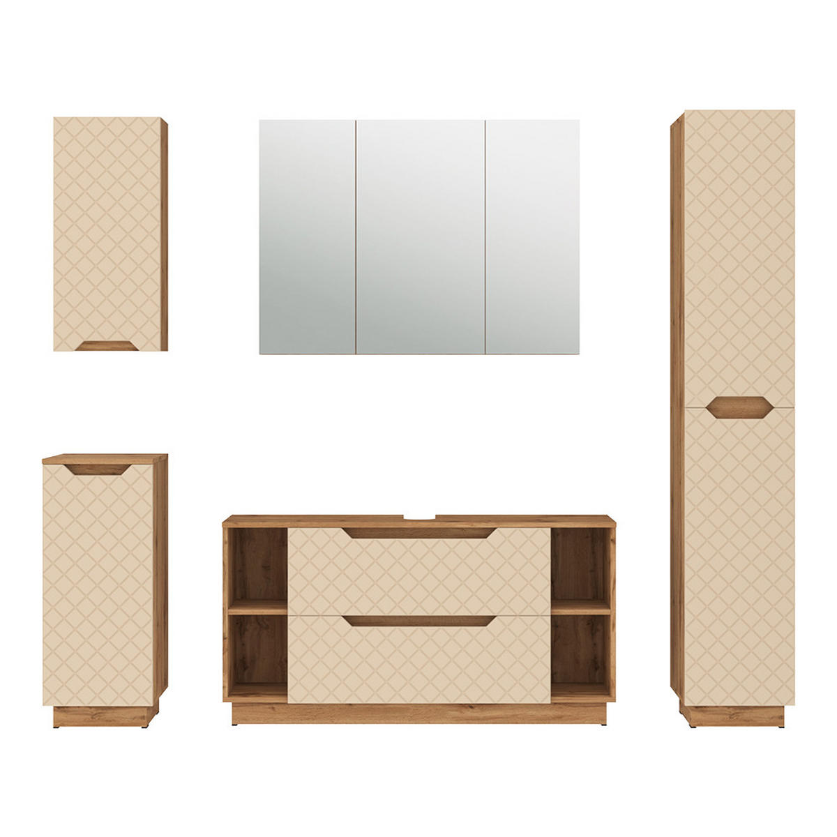 BADMÖBEL-SET Lotta Eiche/Kaschmir mit Kachelstruktur 5 Teile - Kaschmir, Holzwerkstoff (119.2/62.5/35cm) - Vicco