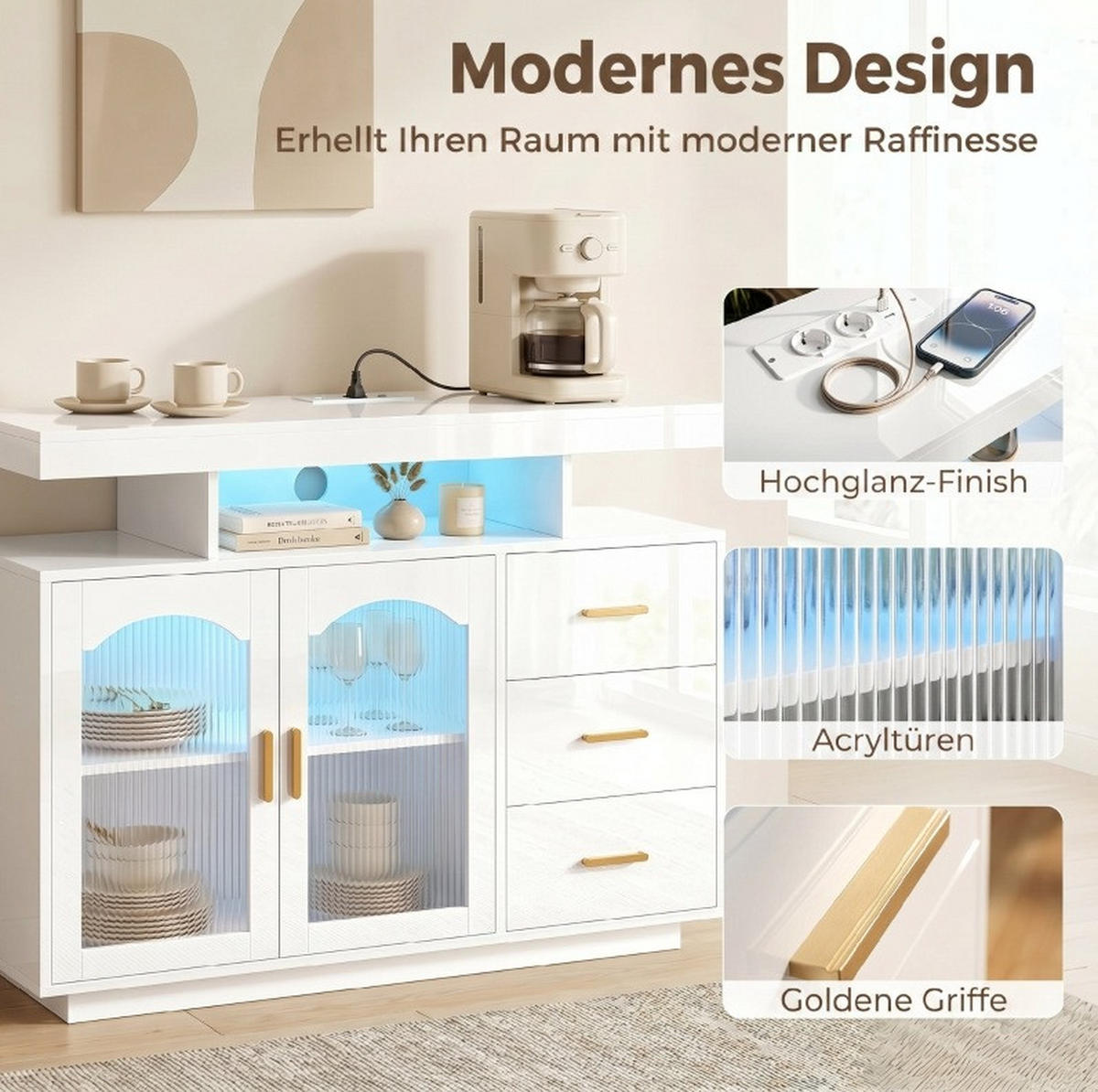 SIDEBOARD aus Holz 100x35x80 cm Weiß mit RGB-LED, 3 Schubladen, Steckdosen und USB-Anschlüssen - Weiß, Holz (100/80/35cm) - IVMEU