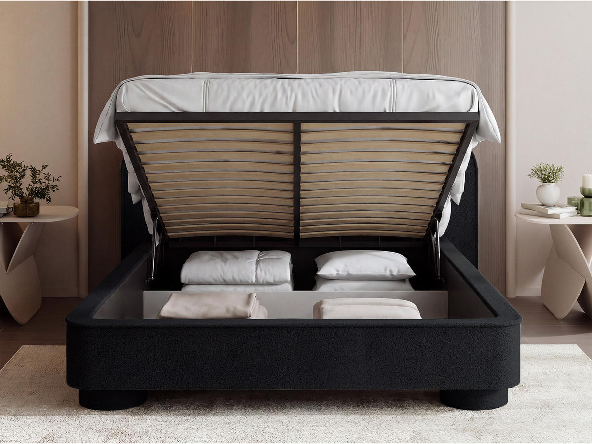 POLSTERBETT Aurora mit Bettkasten, Lattenrost & gepolsterten Füßen in Schwarz Boucle 140x200 cm - Birkefarben/Schwarz, Textil/Metall (140/200cm) - WFL GROUP