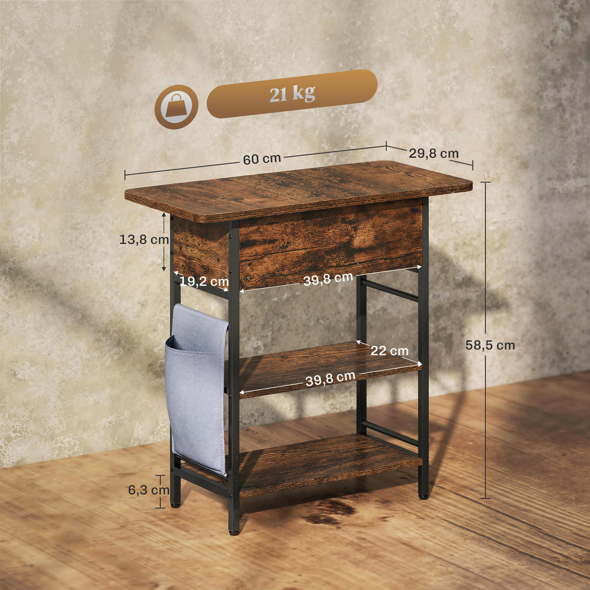 BEISTELLTISCH DE-15796 mit Ladestation & Aufbewahrungstasche Rostbraun - Braun, Holzwerkstoff (60/29.8/58.5cm) - ComfortXL