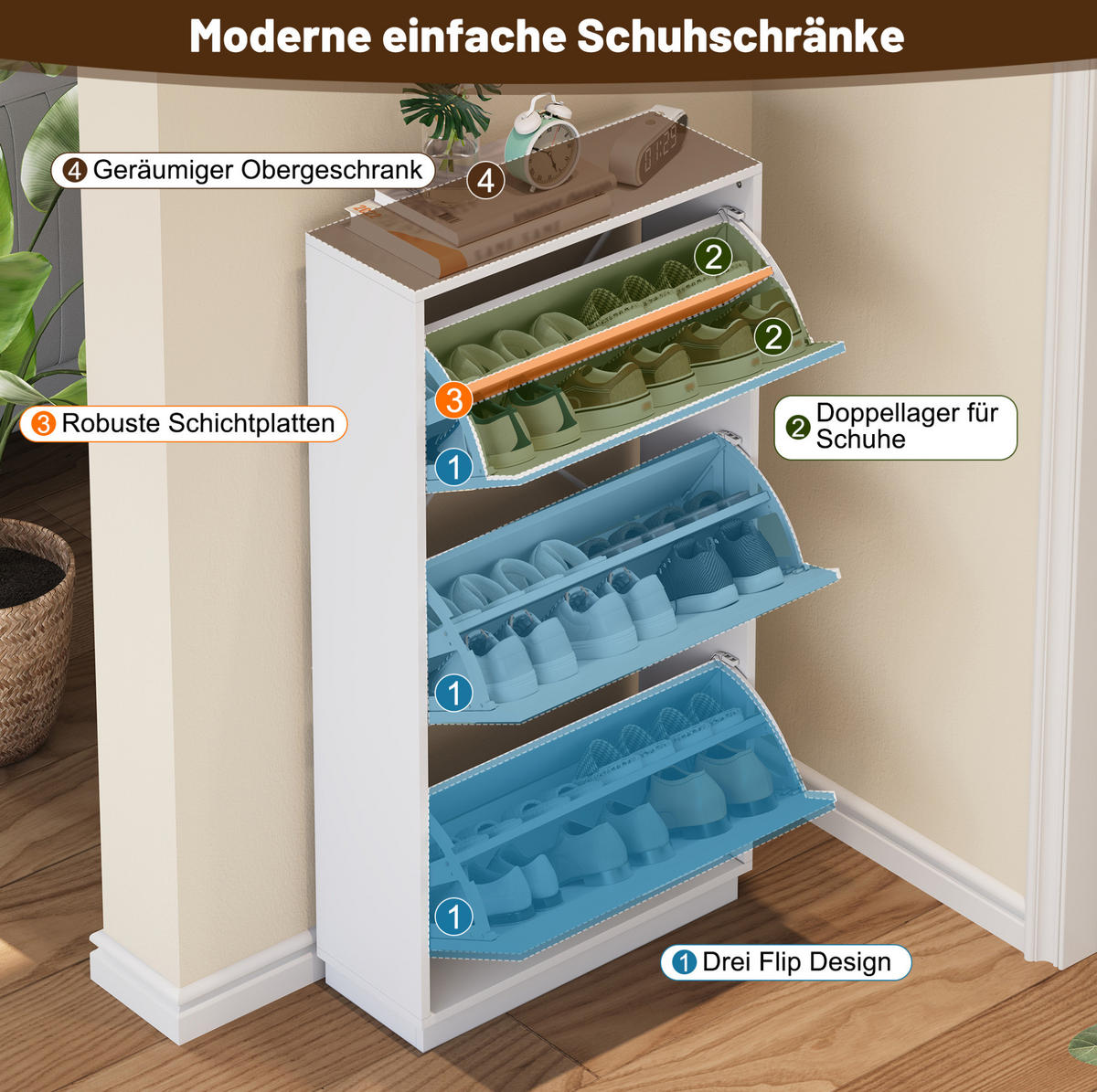SCHUHSCHRANK 63/24/120 cm in Weiß mit 3 Klappen und rundem Spiegel - Weiß, Holzwerkstoff (63/120/24cm) - Flora Grace