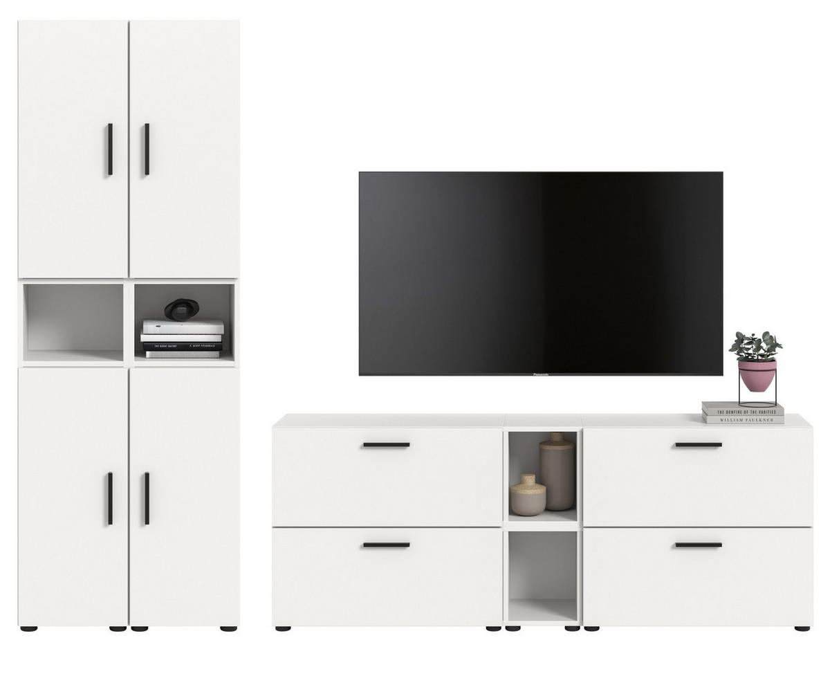 WOHNWAND weiß 256 x 178 cm, Schrankwand mit Soft-Close - Schwarz/Weiß, Holzwerkstoff/Kunststoff (256/151/34cm) - Inn.Furn