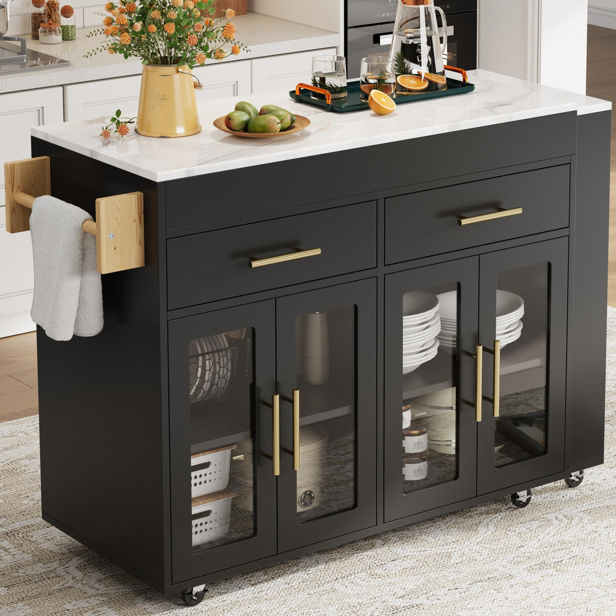 KUCHYŇSKÝ OSTROV v bílé a černé barvě s kolečky a rozkládací deskou do jídelny, Š132,5–217/H50/V93 cm - černá, kov/kompozitní dřevo (217/93/50cm) - STILVORA