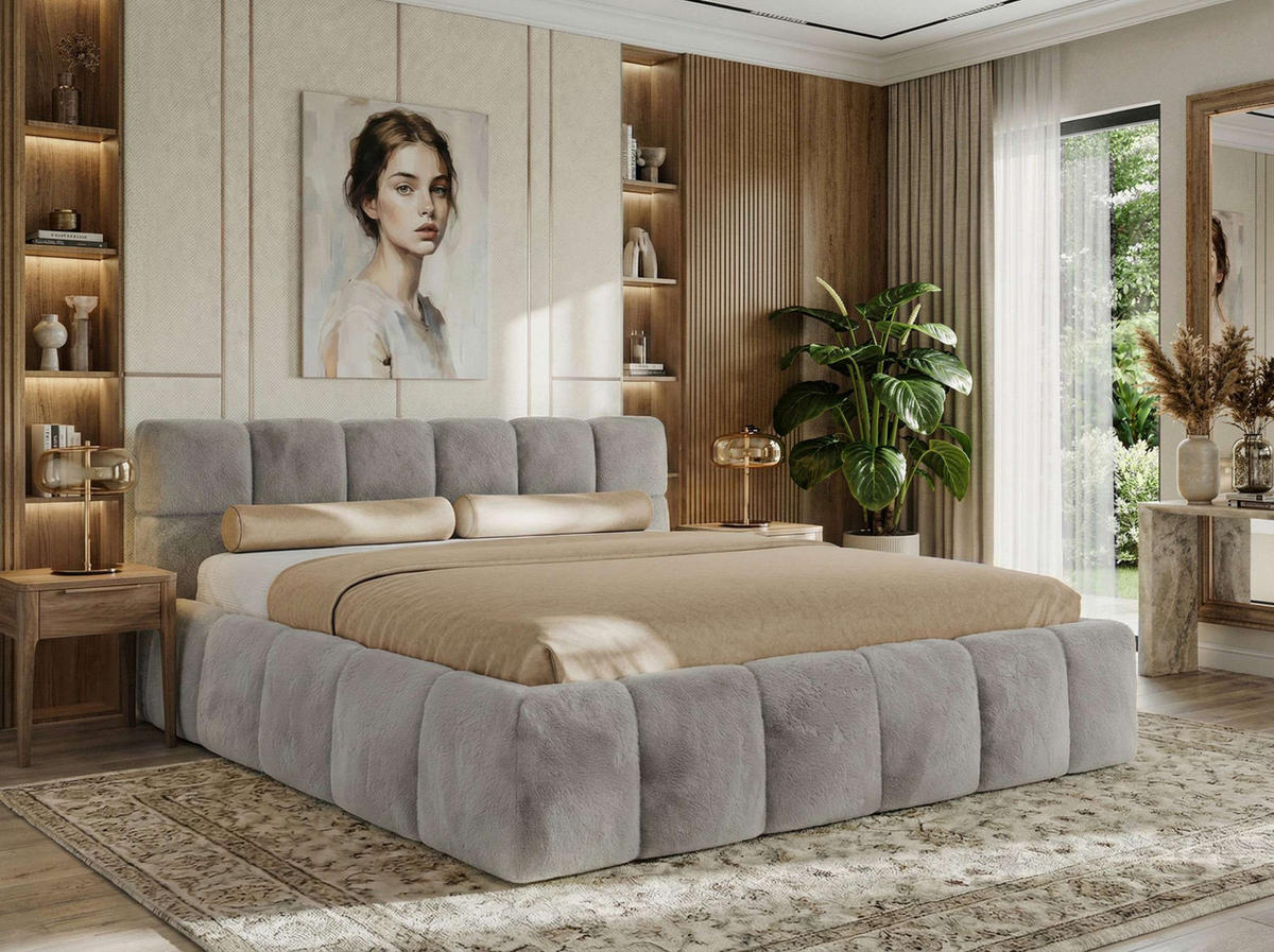POLSTERBETT NIRA CLASSIC 200/200 - Hellgrau Plüsch - Schaum-Matratze - Hellgrau, Textil (200/200cm) - MKS