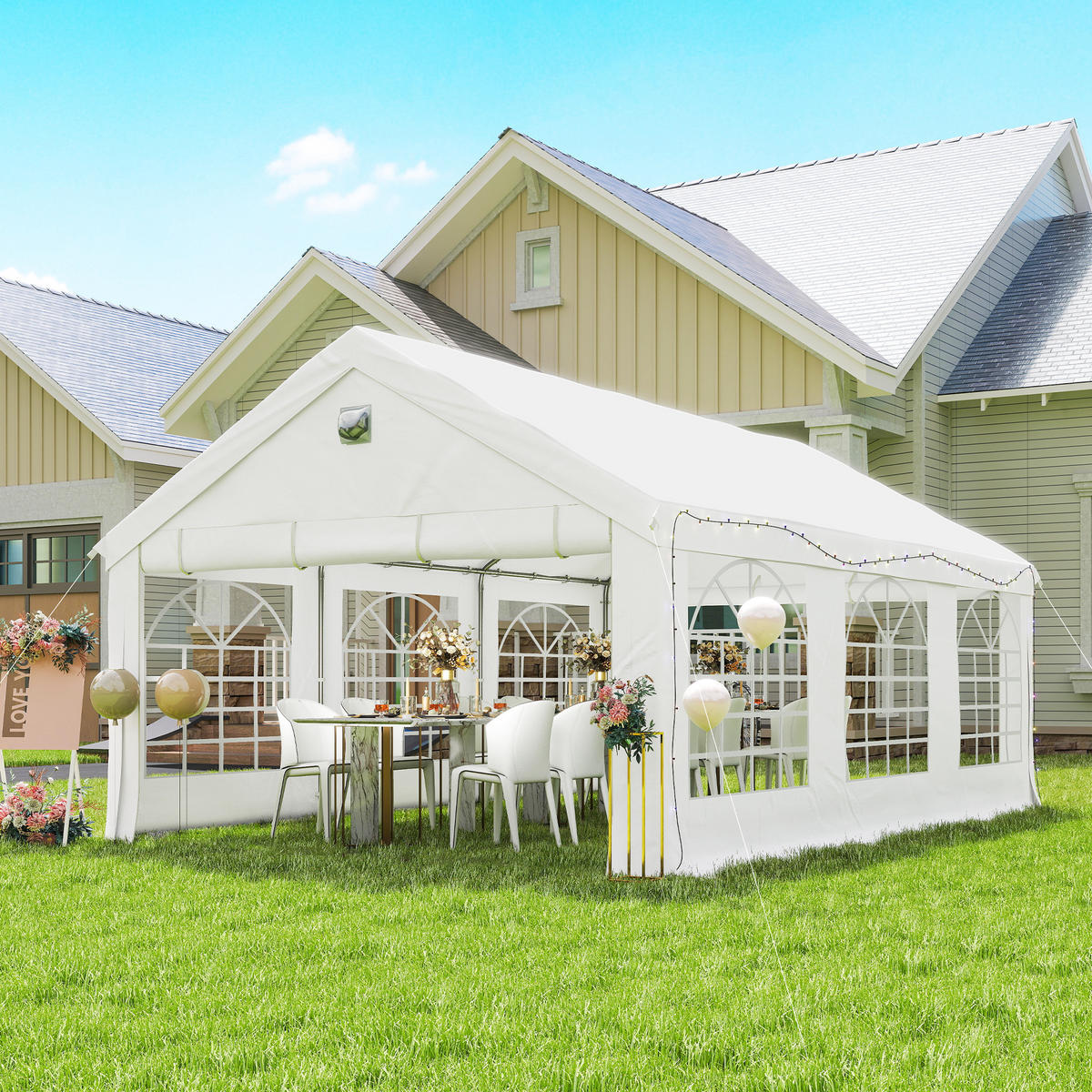 PAVILION DE-12728 400/600 cm UPF30+ mit LED-Lichterkette Weiß - Weiß, Metall (394/302/598cm) - ComfortXL